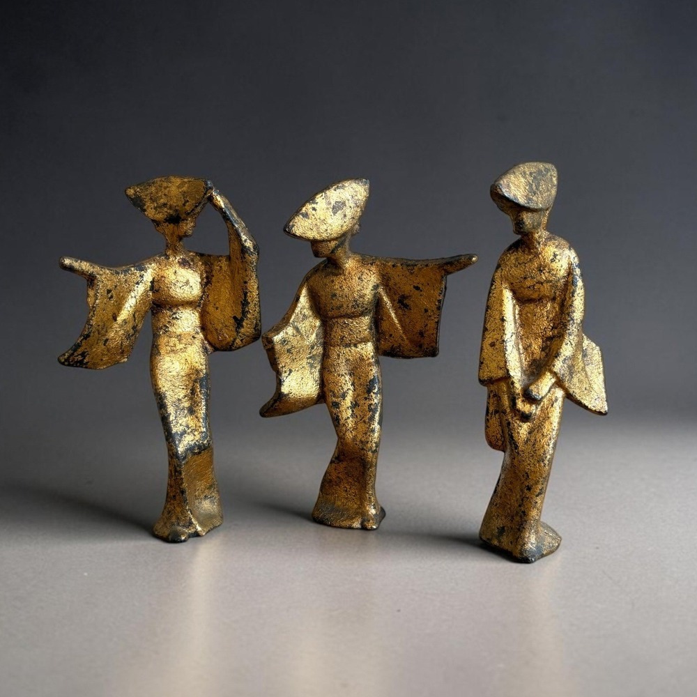 Vintage Cast Iron Awa Odori Japanese Dancers Set of 3 Gold Gilt Figurines